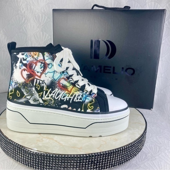 D’Amelio High Top Platform Retro Sneakers Sz 8 Black Graffiti Eyekonn Y2K Shoes - Picture 2 of 11
